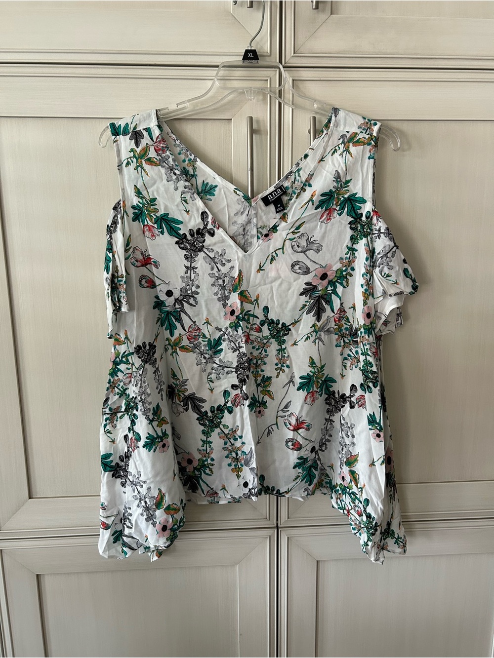 a.n.a White Cold-Shoulder Floral Blouse with Green and Pink Accents
